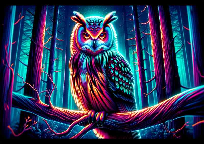 A majestic owl perched on a tree branch in a neon art style | Poster