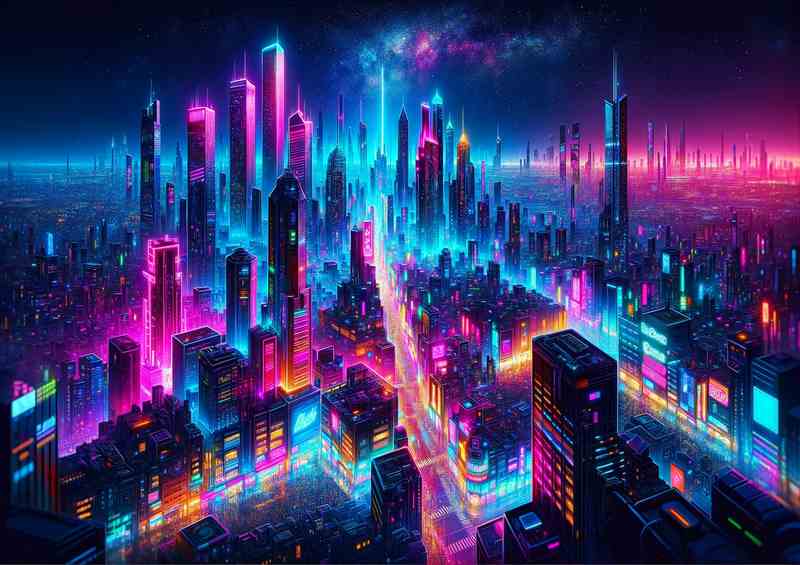 A neon cityscape at night featuring towering skyscrapers | Poster