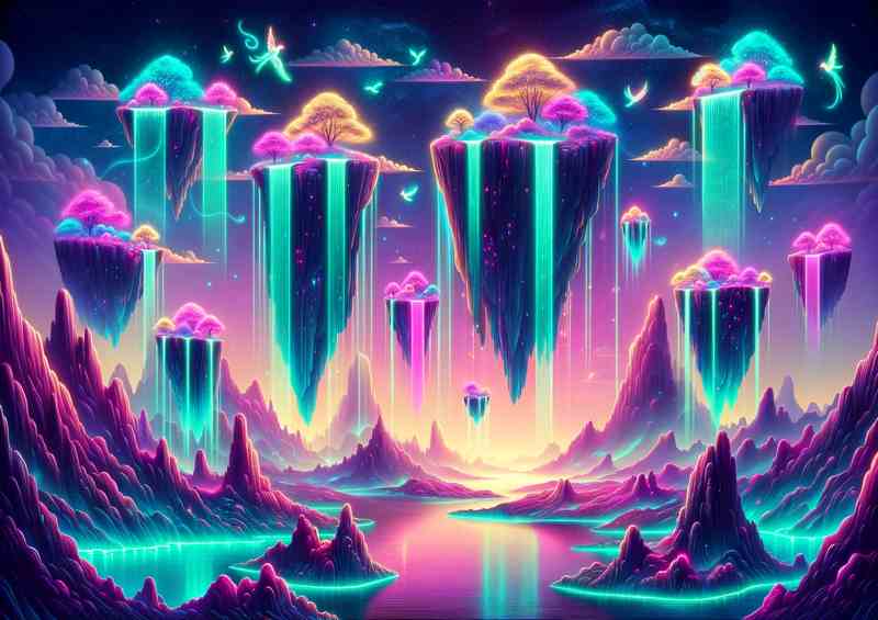 A neon fantasy landscape with floating islands and waterfalls | Canvas