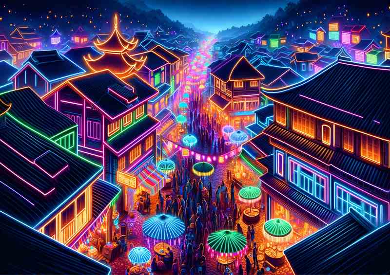 A neon festival in a traditional village at night | Di-Bond