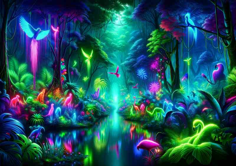 A neon jungle with exotic glowing wildlife | Poster