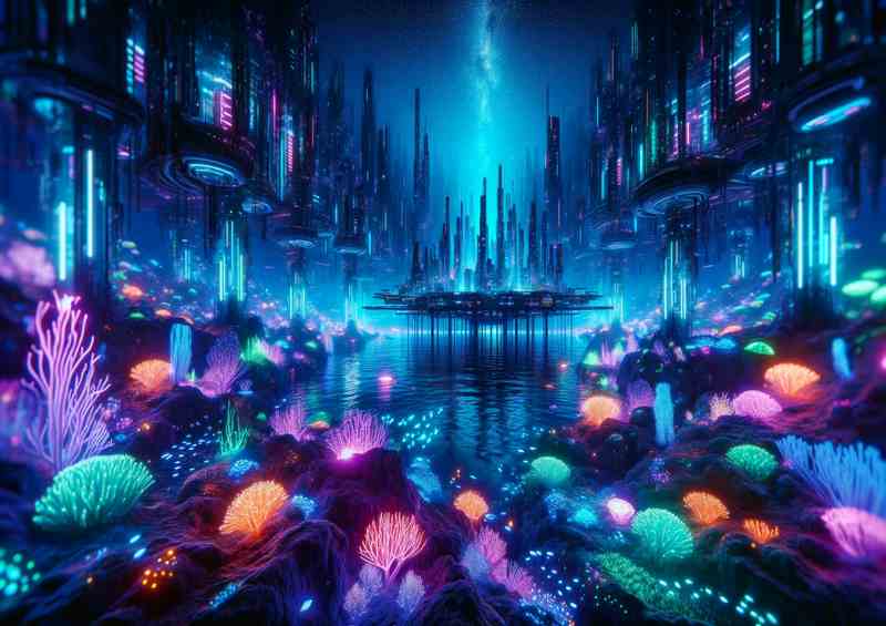 Neon Ocean Cityscape Poster