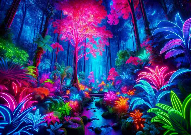 A neon lit rainforest creating a surreal and vivid scene | Di-Bond