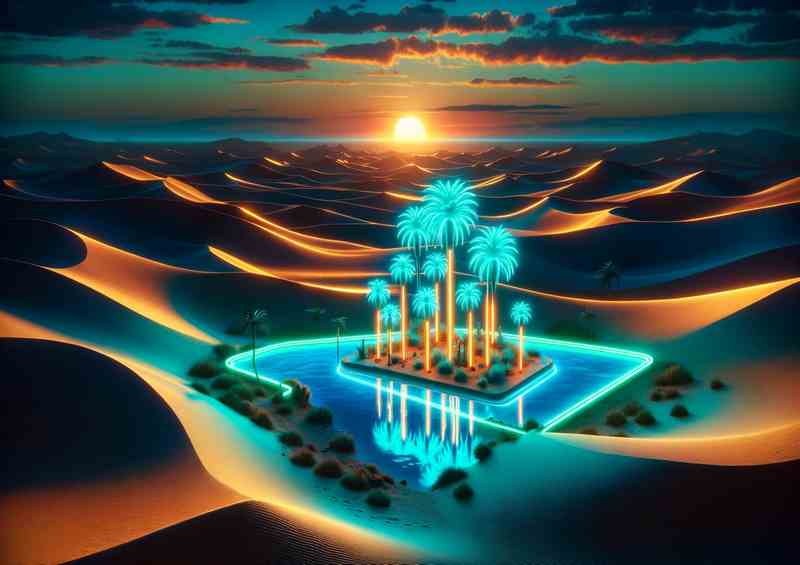 A neon oasis mirage in a desert at dusk | Di-Bond