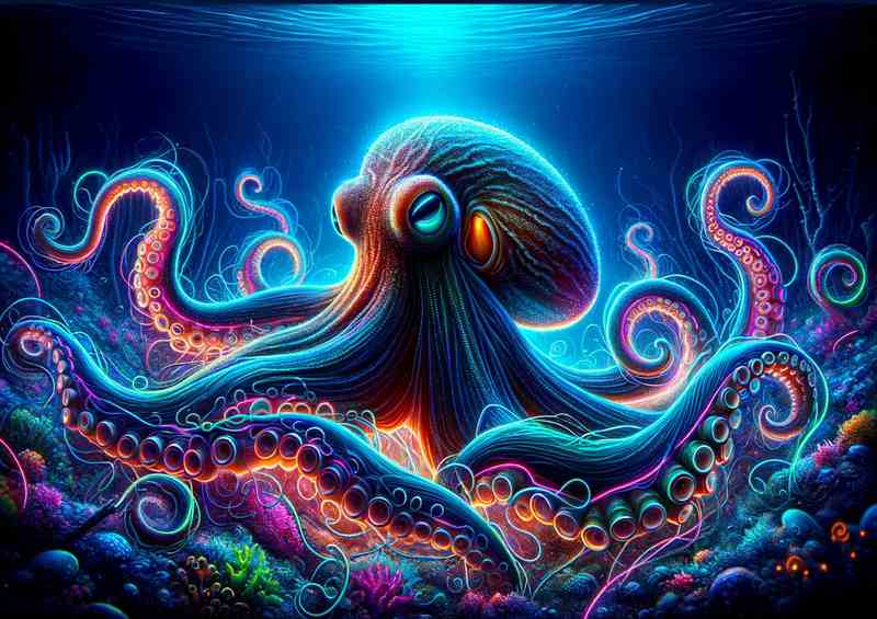 A octopus deep underwater portrayed in a neon art style | Poster