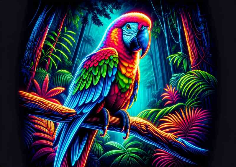 A parrot perched on a branch rendered in a neon art style | Poster