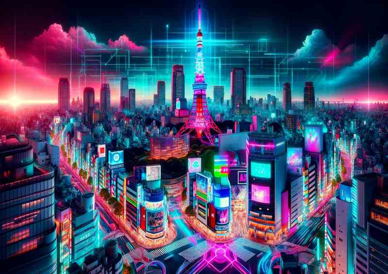 A striking wide angle captivating Tokyo skyline neon colors | Poster