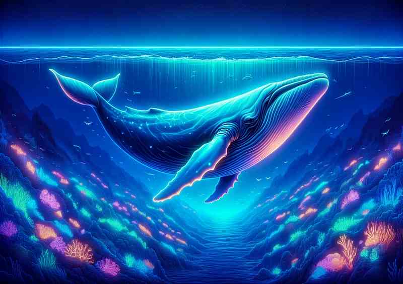 Blue whale swimming in the ocean depicted in a neon art style | Canvas