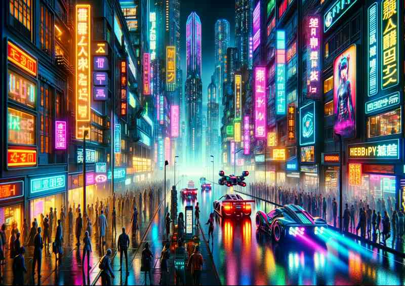 Bustling neon lit cyberpunk city street | Poster