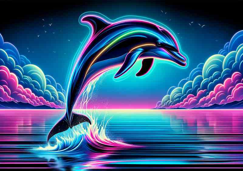Dolphin leaping out of the ocean captured in a neon art style | Poster