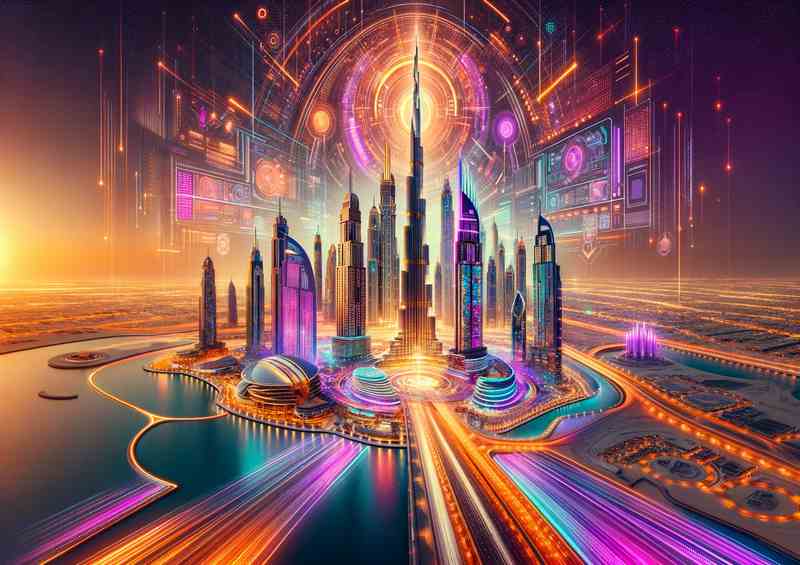 Dubai skyline aglow with radiant neon colors | Poster