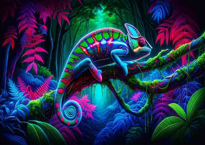 Glowing Chameleon Tree Branch Metal Poster