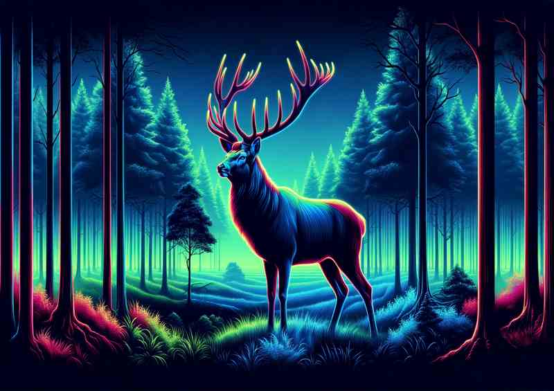 Majestic stag standing in a misty forest in a neon art style | Poster