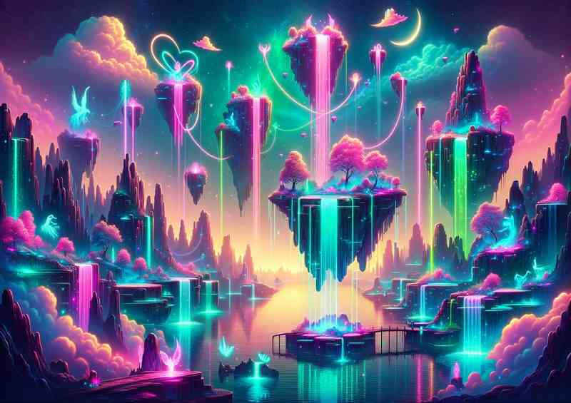 Neon fantasy landscape with floating islands and waterfalls | Poster