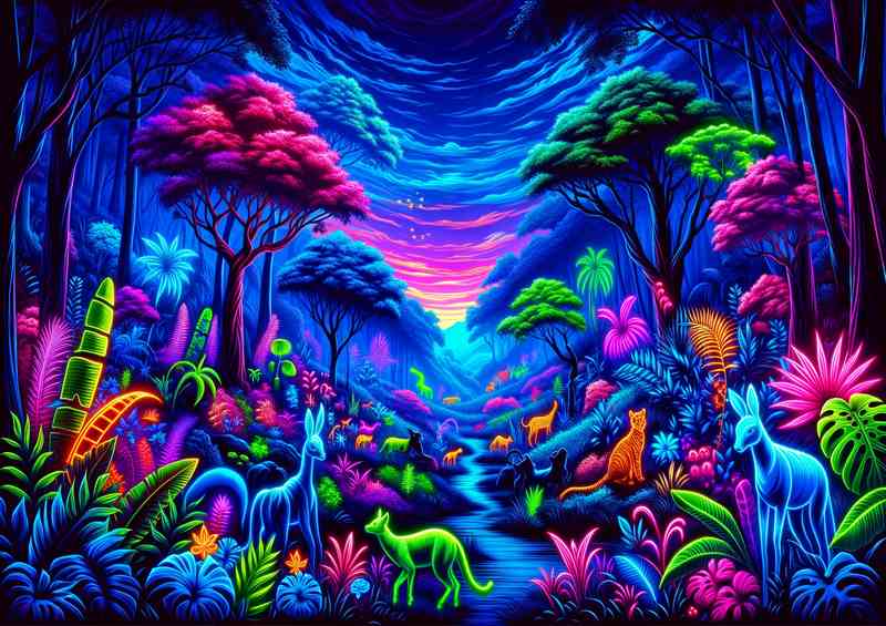 Twilight Neon Jungle Scene | Vibrant Nature Poster