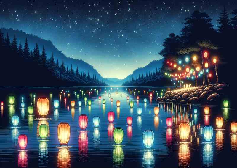 Neon lanterns floating on a tranquil lake at night | Di-Bond