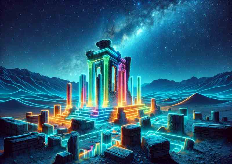 Neon lit ancient ruins under a starry sky | Canvas