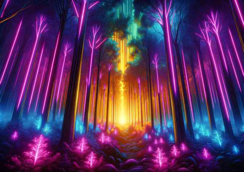Neon lit forest at twilight with trees glowing | Metal Poster
