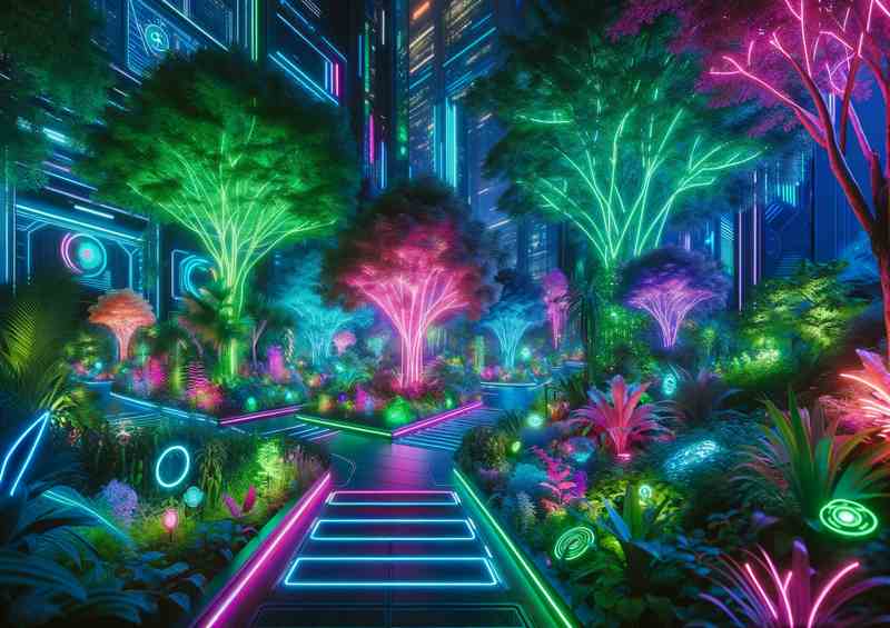 Neon lit futuristic garden at dusk | Canvas