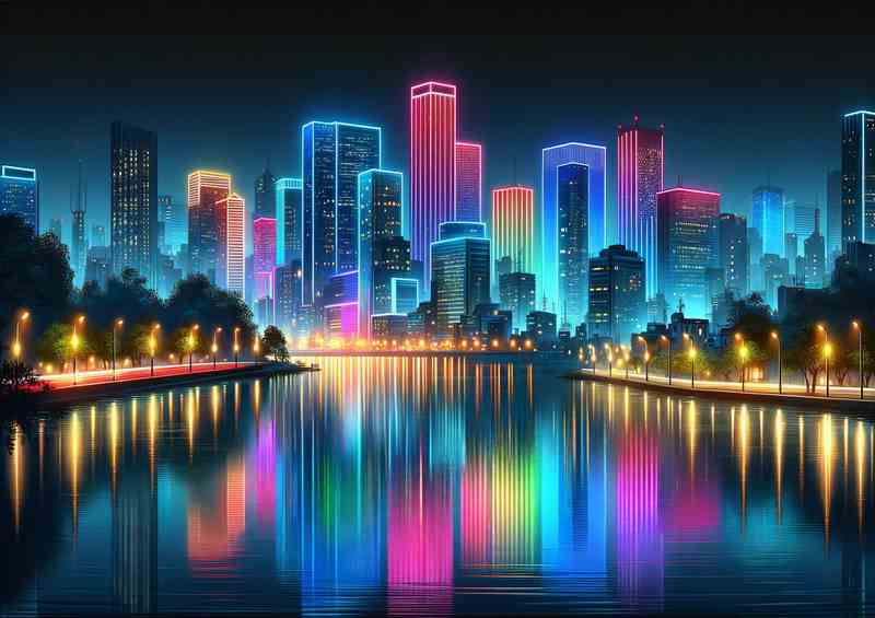 Neon skyline reflections in tranquil waters | Canvas