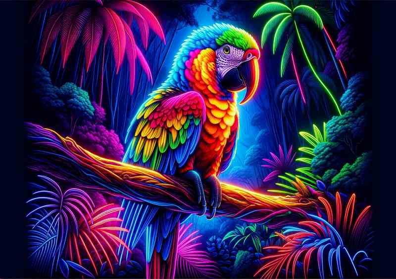 Parrot perched on a branch rendered in a neon art style | Poster