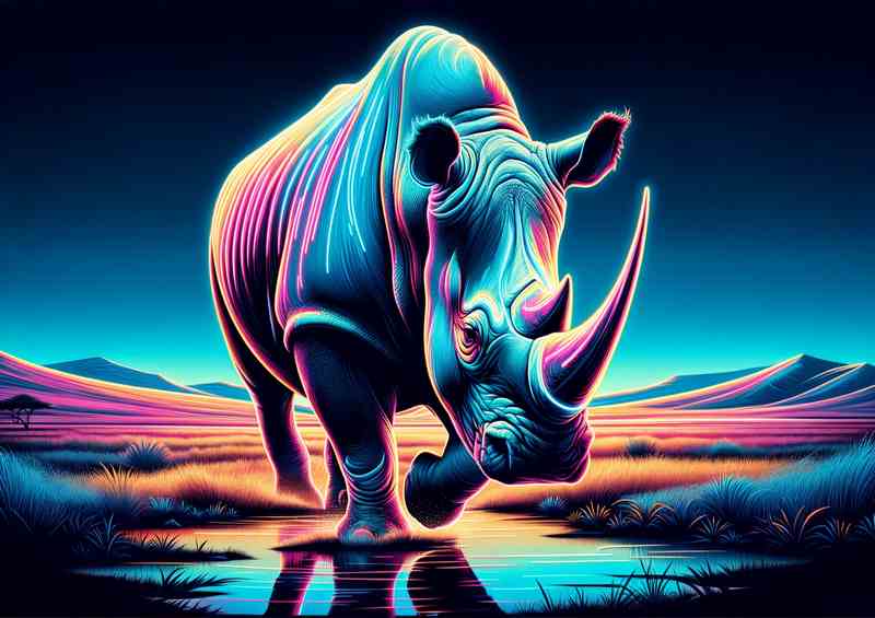 Rhinoceros in a savannah setting depicted in a neon art style | Canvas