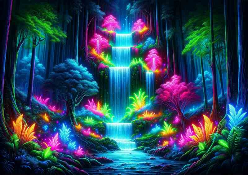 Scene of a neon waterfall cascading down in a mystical forest | Poster