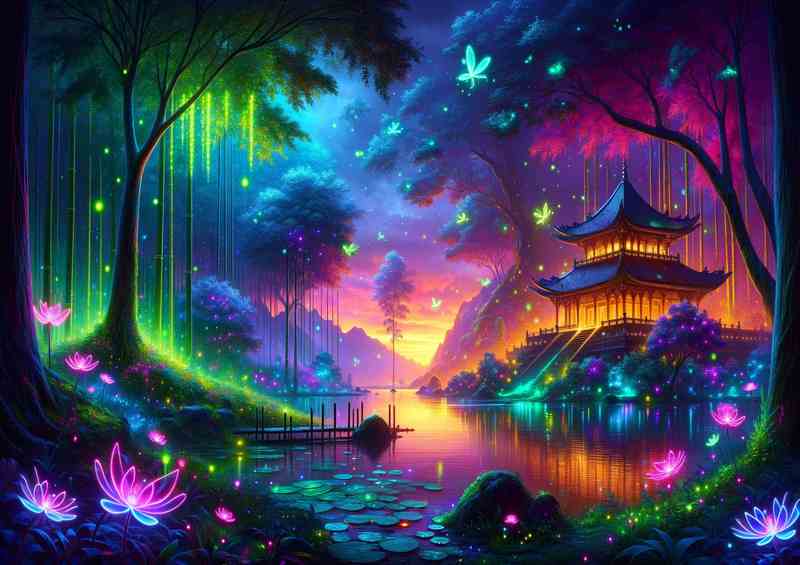 Serene Lakeside Dusk with Fireflies | Metal Poster