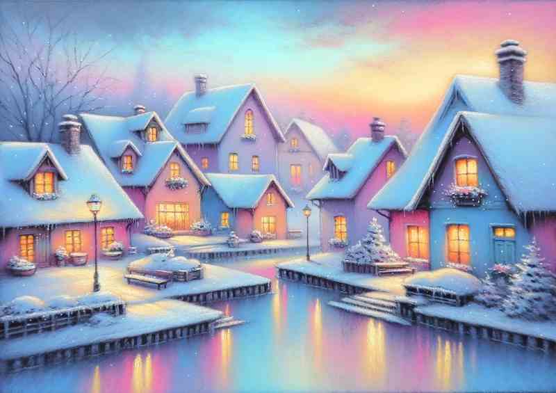 Pastel Peace A Snowy Village at Dusk | Canvas