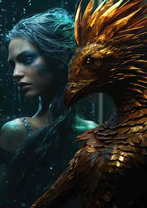 Green mermaid next to a majestic Phonix | Metal Poster