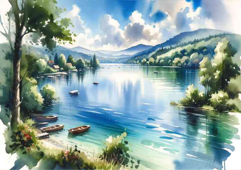 Summer Serenity A Lake View in Watercolor Style | Poster