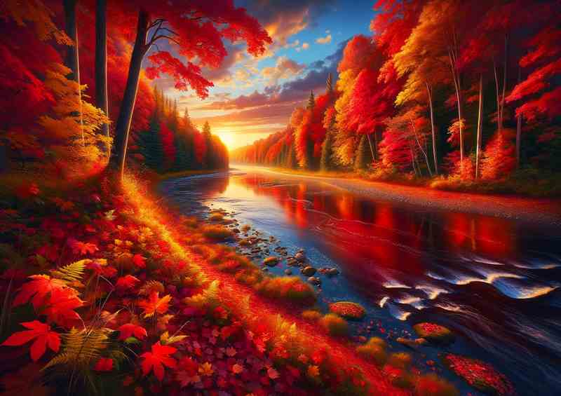 Crimson Canopy The Vibrant Autumn Riverbank | Canvas