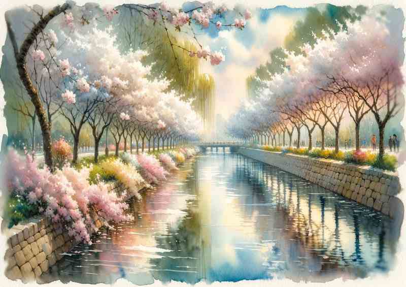 Springs Delight A Riverside Blossom in Watercolor Style | Poster