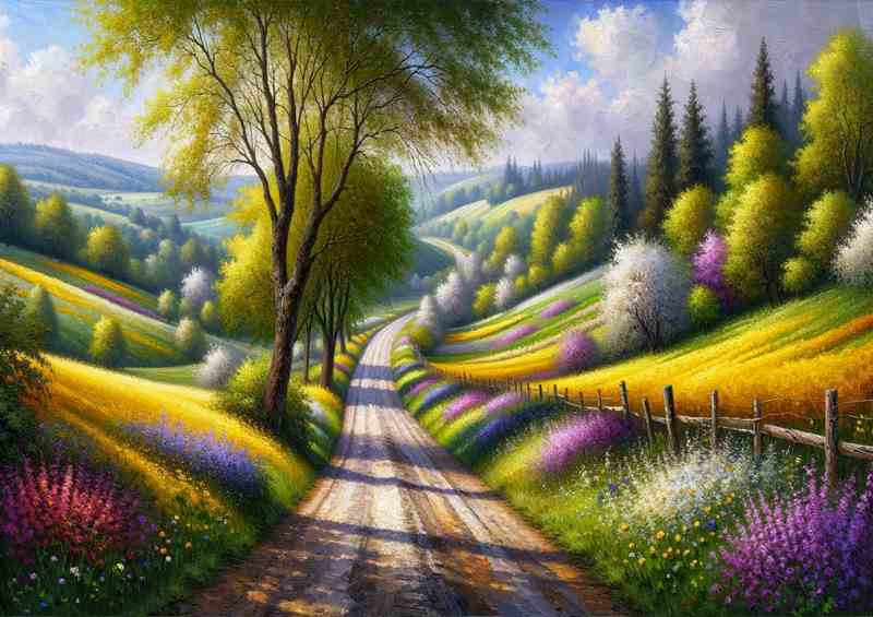 Springs Embrace A Countryside Road in Oil Painting Style | Canvas