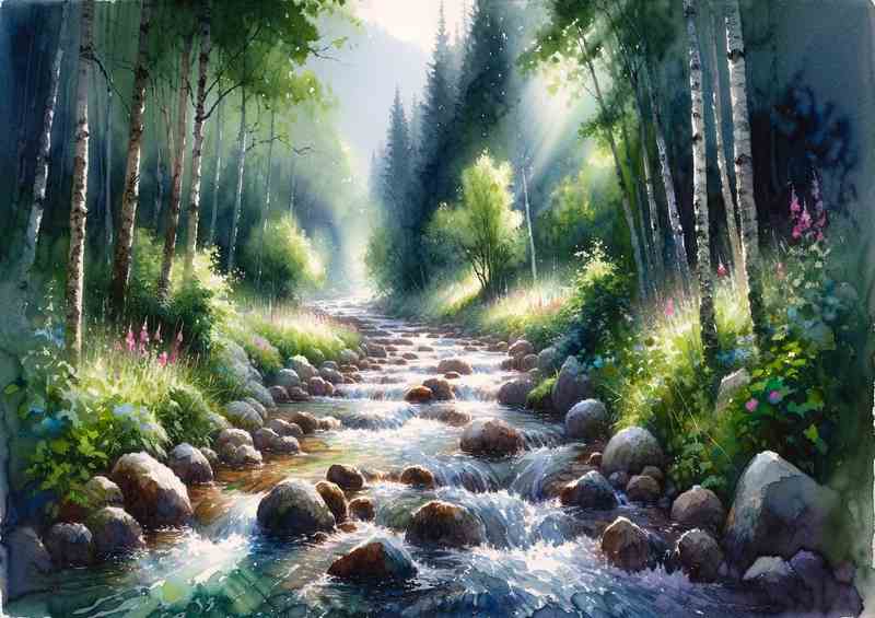 Summers Peace A Mountain Stream in Watercolor Style | Poster
