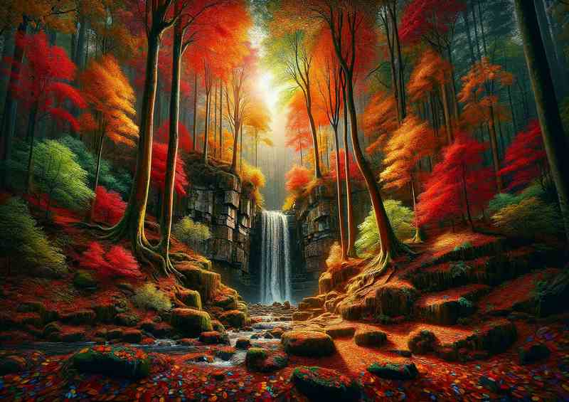 Secluded autumn forest with a hidden waterfall | Canvas