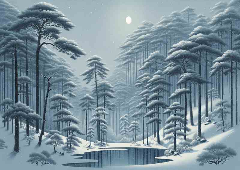 Whispering Pines A Snowy Evening in a Japanese Forest | Poster