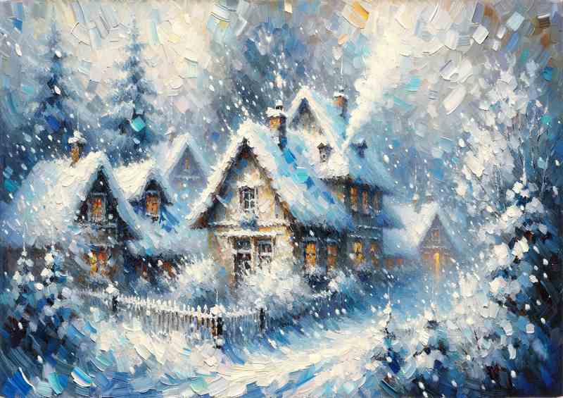 Enchanted Blizzard A Snowy Village in Impressionist Style | Poster