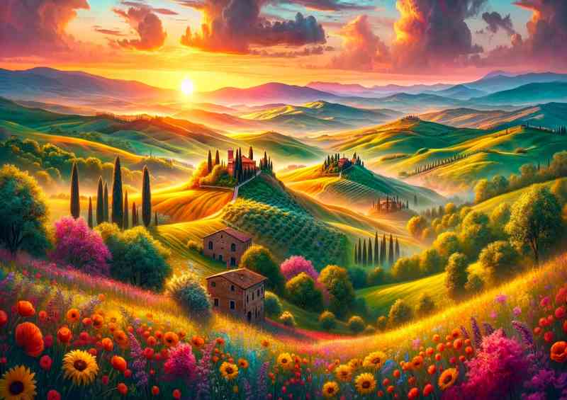 Enchanted Bloom Spring Sunrise over the Tuscan Hills | Di-Bond