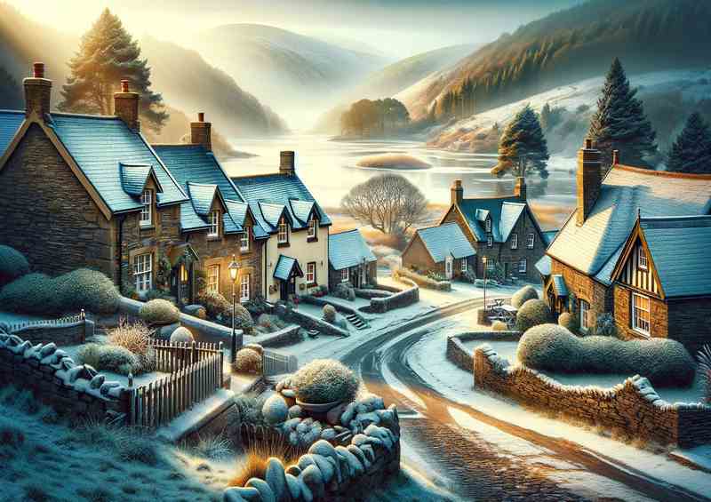Frosty Charm A Snowy Morning in a Welsh Village | Poster