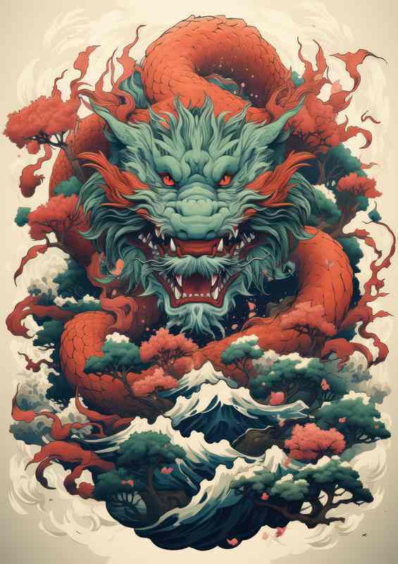Japanese japan tree mountain art dragon overlooking | Poster