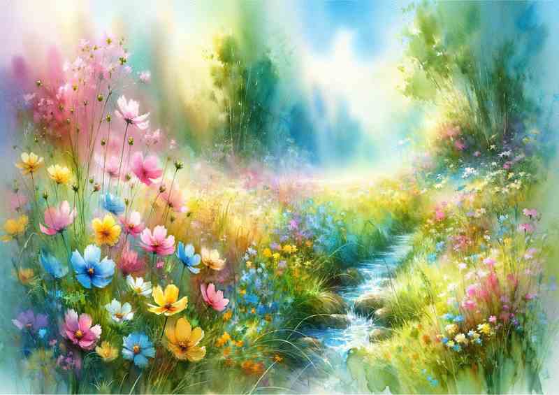Gentle Awakening A Spring Meadow in Watercolor Style | Metal Poster