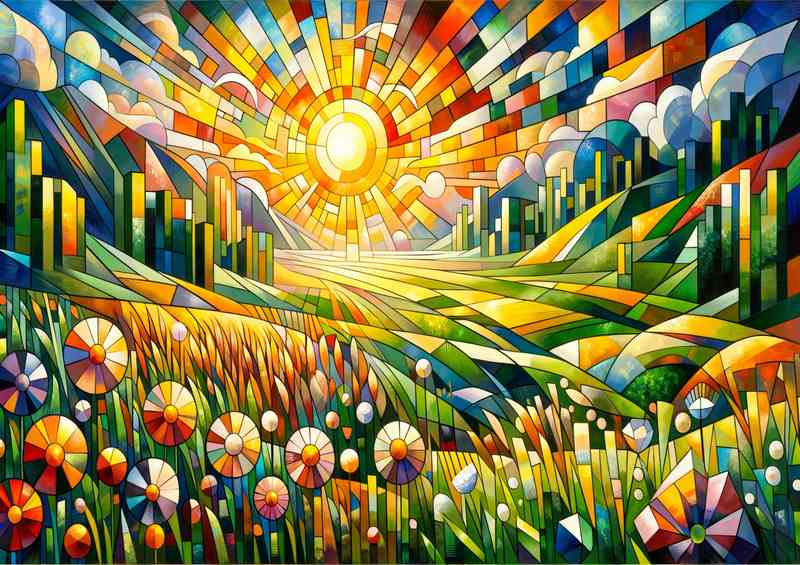 Serenade of Spring A Meadow at Sunrise in Cubist Style | Poster