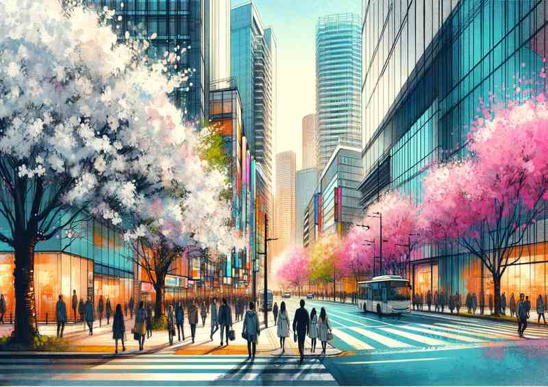 Bustling city street in spring during cherry blossom season | Poster
