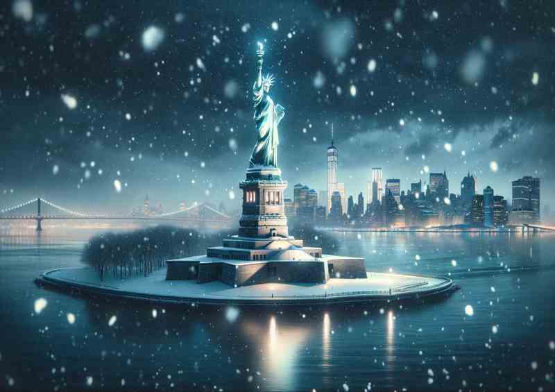 Snowy Sojourn Winter Night at the Statue of Liberty New York | Canvas