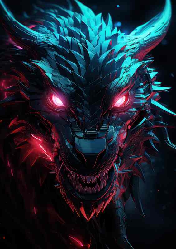 Neon style dragon head on a black and green background | Poster