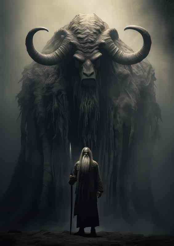 Old wizzard leading theimposing giant monstee to battle | Canvas