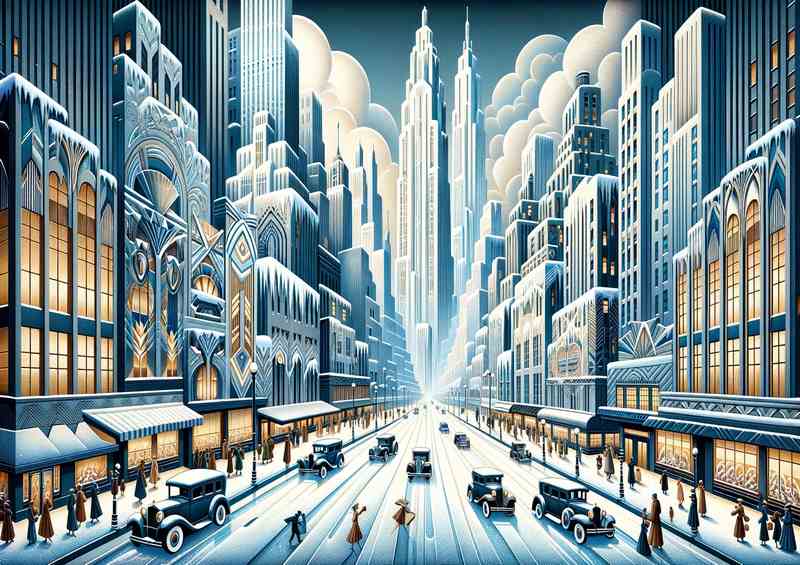 Winters Embrace A Snowy Cityscape in Art Deco Style | Poster