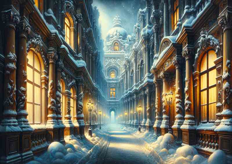 Winters Hush A Snowy Alley in Baroque Style | Canvas