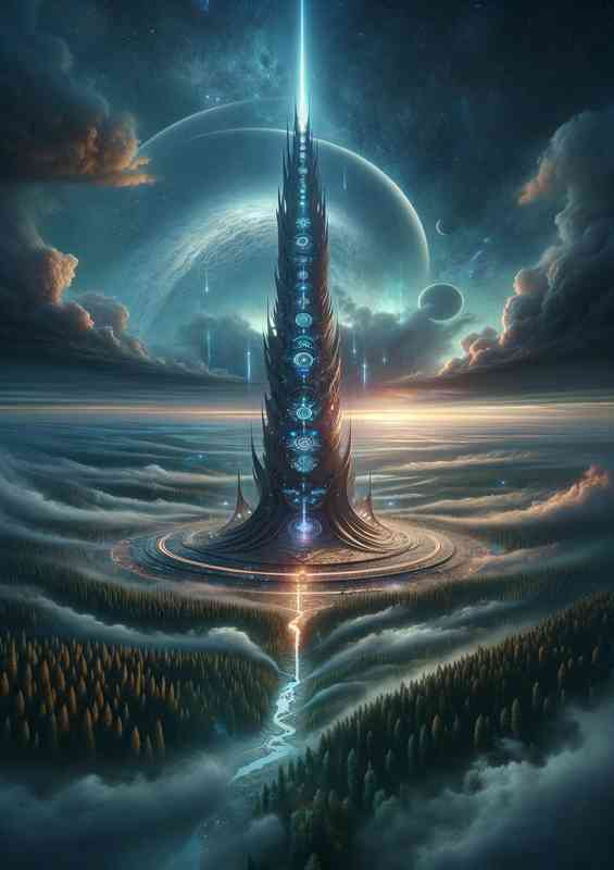 A fantasy planet The scene captures a colossal tower | Canvas